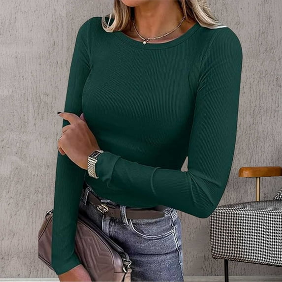ZHOGXU Womens T Shirt Long Sleeve Crew Neck Solid Color Ribbed Stretch Slim Fit Basic Tops For Casual Daily Wear Dark Green S
