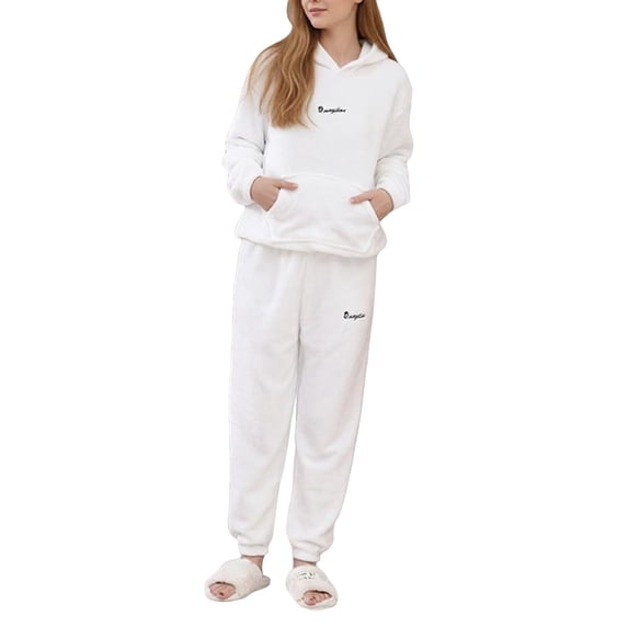 ZHOGXU Womens Winter Warm Pajama Sets Hoodie Long Sleeve Top With Pocket And Long Pant 2PCS Loungewear Loose Casual,White,L