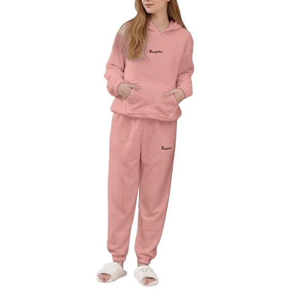ZHOGXU Womens Winter Warm Pajama Sets Hoodie Long Sleeve Top With Pocket And Long Pant 2PCS Loungewear Loose Vacation,Pink,L