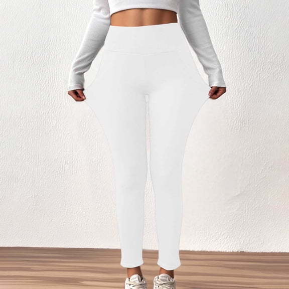 ZHOGXU Yoga Pants For Women High Waisted Solid Color Slim Fit Plush Stretchy Comfortable Warm Pants Trousers For Daily Wear White L