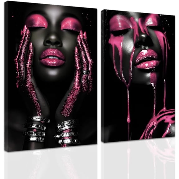 ZHONGYUTONG 2 Piece African American Wall Art Black Woman Pictures Red Girl Bedroom Wall Decor Afro Women Canvas Prints Female Home Room Decor Framed (16.00" x 24.00" x 2PCS)
