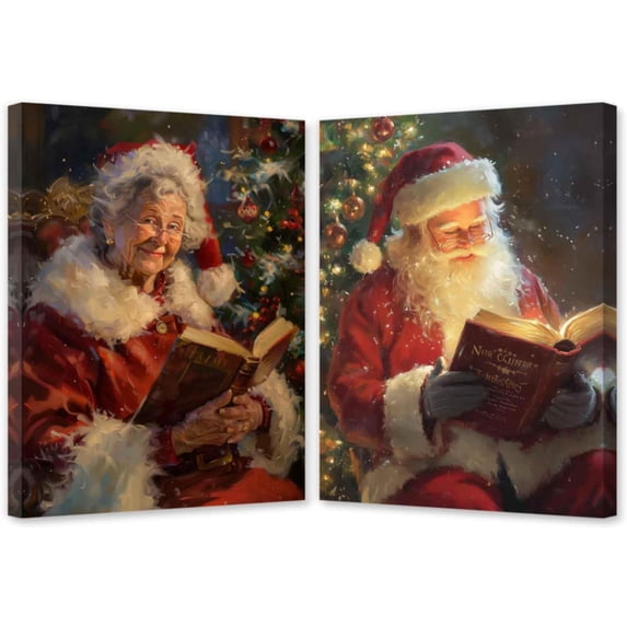 ZHONGYUTONG 2 Piece Christmas Canvas Wall Art Santa and Mrs Claus Pictures Santa Claus Couple Painting for Bathroom Decor Framed (11.00" x 14.00" x 2PCS)
