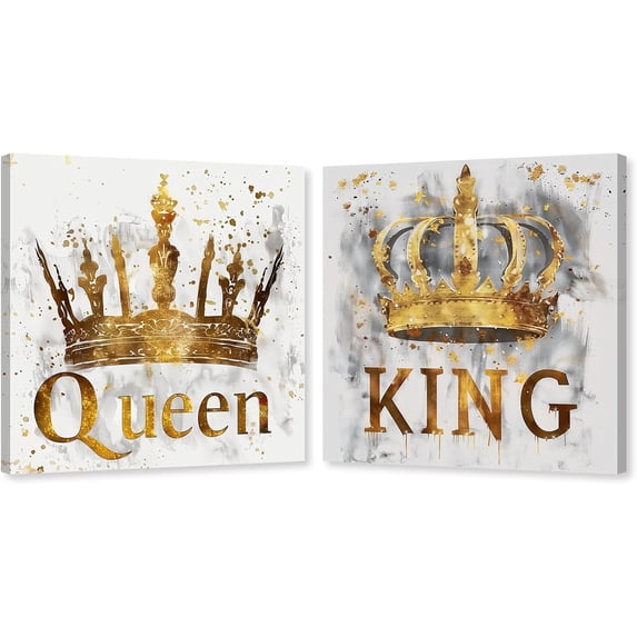 ZHONGYUTONG 2 Piece King and Queen Canvas Wall Art Crown Pictures Print Gold Crown Painting Fashion Artwork for Bedroom Decor Framed (12.00" x 12.00" x 2PCS)