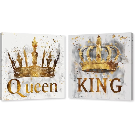 ZHONGYUTONG 2 Piece King and Queen Canvas Wall Art Crown Pictures Print Gold Crown Painting Fashion Artwork for Bedroom Decor Framed (20.00" x 20.00" x 2PCS)