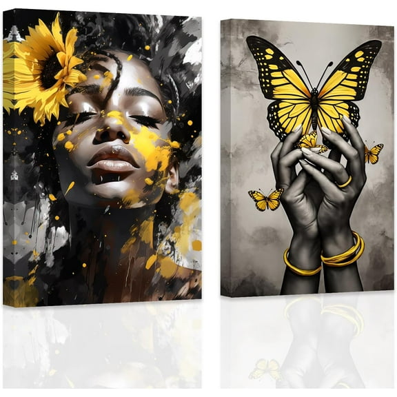 ZHONGYUTONG 2 Pieces African American Wall Art Black Woman Hand With Butterfly Picture Black Yellow Gray Wall Decor Sunflower Gril Canvas Print Framed (20"x30"x2PCS)