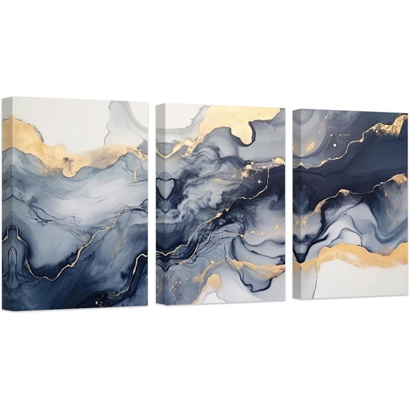 ZHONGYUTONG 3 Piece Abstract Canvas Wall Art Navy Gold Picture Modern Gray Blue Painting for Living Room Home Decor (16"x24"x3PCS)