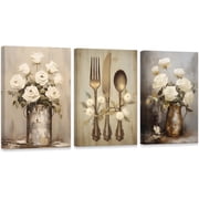 ZHONGYUTONG 3 Piece Canvas Wall Art for Kitchen Farmhouse Flowers Painting Retro Fork Knife Spoon Pictures Print Kitchenware Artwork for Dining Room Restaurant Framed 11.00" x 14.00" x 3PCS