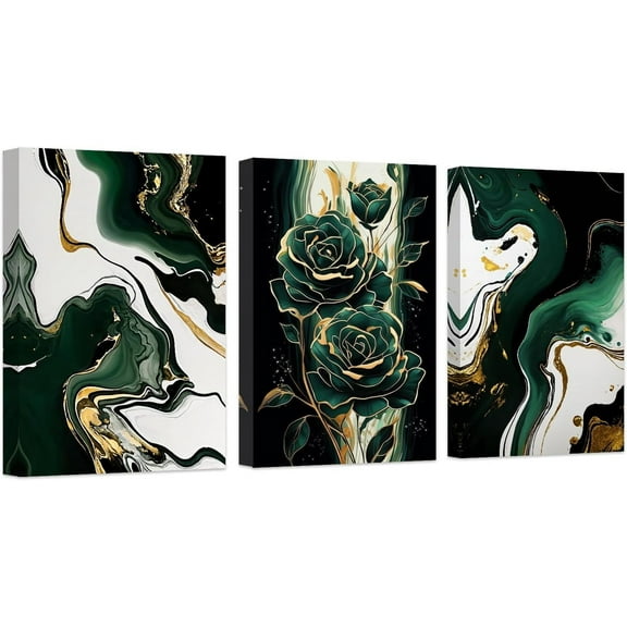 ZHONGYUTONG 3 Piece Emerald Green Wall Art Green White and Gold Pictures Wall Decor Abstract Marble Painting Floral Canvas Prints Modern Bathroom Home Artwork (12"x16"x3PCS)