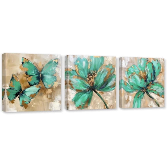 ZHONGYUTONG 3 Piece Flower Canvas Wall Art Butterfly and Lotus Pictures Wall Decor Floral Painting for Living Room Decor Framed (24.00" x 24.00" x 3PCS)