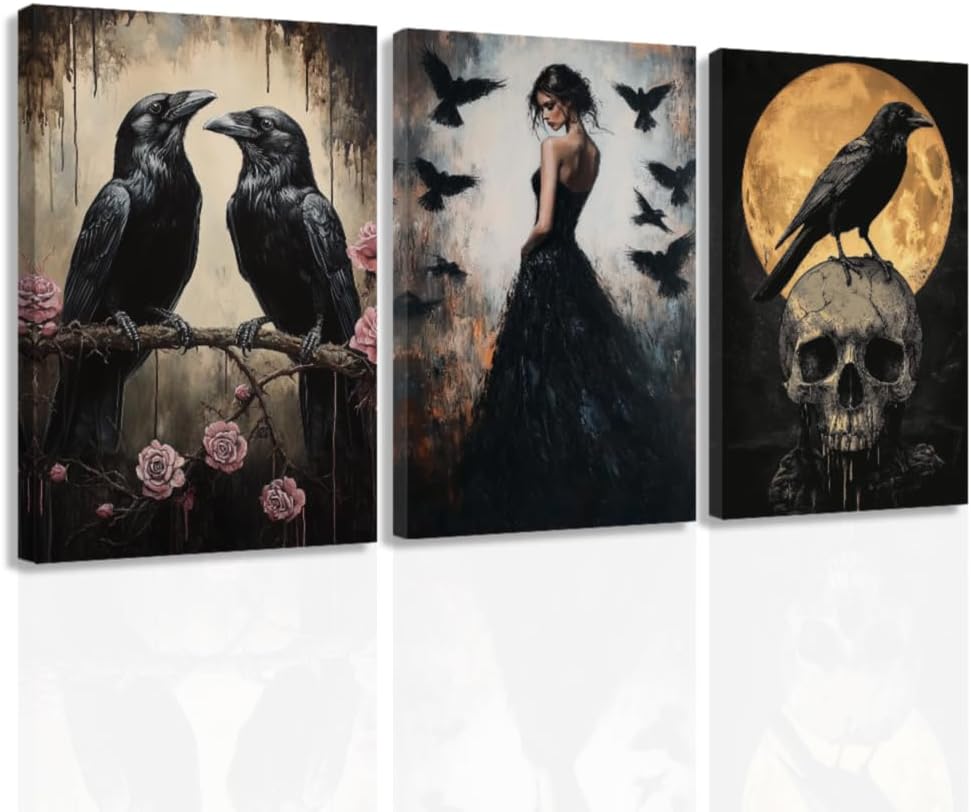 ZHONGYUTONG 3 Piece Gothic Canvas Wall Art Black Goth Crow Skull Pictures Set Skeleton Prints Dark Halloween Wall Decor for Bedroom Home Decor Framed (11.00" x 14.00" x 3PCS)