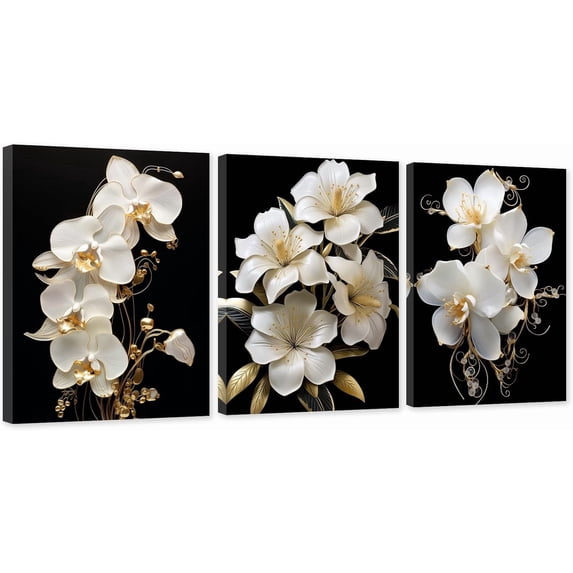 ZHONGYUTONG 3 Piece Orchid Wall Art White Gold Flower Canvas Floral Blossom Pictures Lily Painting for Living Room Decor Framed (11.00" x 14.00" x 3PCS)