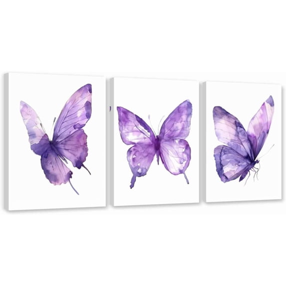 ZHONGYUTONG 3 Piece Purple Butterfly Canvas Wall Art Butterfly Pictures Wall Decor Watercolor Painting for Girls Room Decor Framed (11.00" x 14.00" x 3PCS)