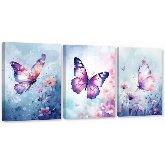 ZHONGYUTONG 3 Piece Purple Butterfly Canvas Wall Art Butterfly Pictures Wall Decor Watercolor Painting for Girls Room Decor Framed (11.00" x 14.00" x 3PCS)