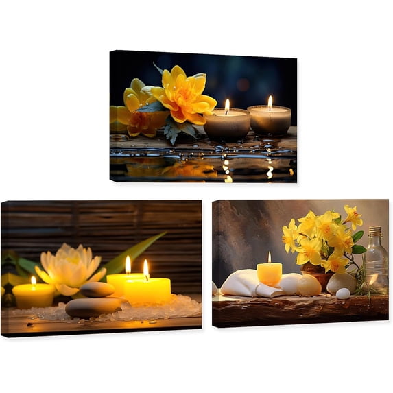 ZHONGYUTONG 3 Piece Zen Canvas Wall Art Spa Still Life Meditate Painting Yellow Flower Picture Print for Bathroom Yoga Decor Framed (11.00" x 14.00" x 3PCS)