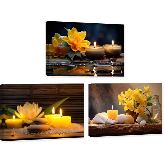 ZHONGYUTONG 3 Piece Zen Canvas Wall Art Spa Still Life Meditate Painting Yellow Flower Picture Print for Bathroom Yoga Decor Framed (11.00" x 14.00" x 3PCS)
