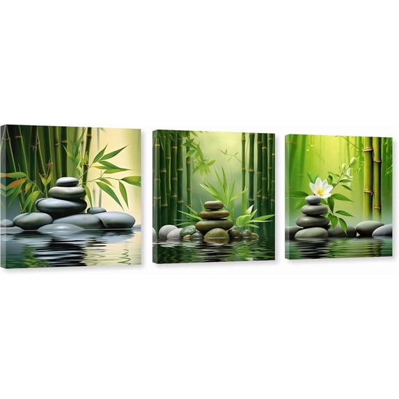 ZHONGYUTONG 3 Piece Zen Canvas Wall Art Zen Stone Picture Still life Green Bamboo Painting Meditation Artwork for Bedroom Decor Framed (12.00" x 12.00" x 3PCS)
