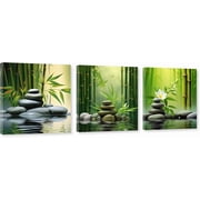 ZHONGYUTONG 3 Piece Zen Canvas Wall Art Zen Stone Picture Still life Green Bamboo Painting Meditation Artwork for Bedroom Decor Framed 24.00" x 24.00" x 3PCS