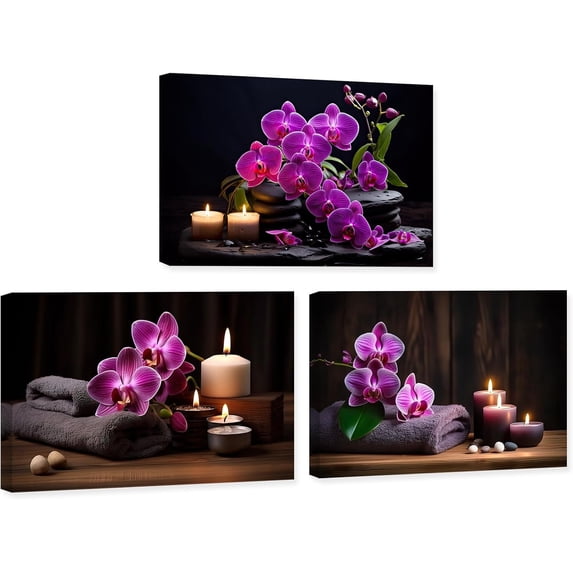 ZHONGYUTONG 3 Piece Zen Wall Art Purple Orchid Canvas Spa Stone Picture Still Life Meditation Painting for Bathroom Yoga Decor Framed (16.00" x 24.00" x 3PCS)