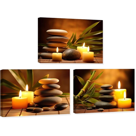ZHONGYUTONG 3 Piece Zen Wall Art Zen Stones Canvas Spa Still Life Picture Print Meditation Candles Painting for Bathroom Decor Framed (11.00" x 14.00" x 3PCS)