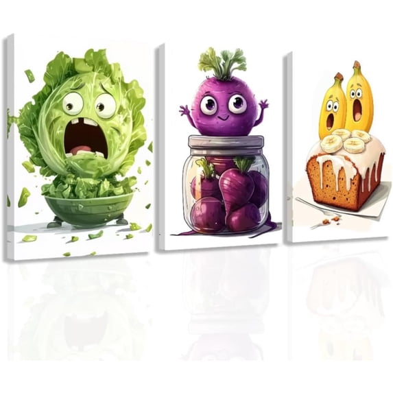 ZHONGYUTONG 3 Pieces Funny Kitchen Wall Art Picture Frame Whimsical Pickle Canvas Prints Food Posters Humorous Vegetable Fruit Painting Dining Room Decor (16.00" x 24.00" x 3PCS)