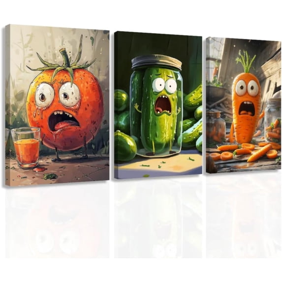 ZHONGYUTONG 3 Pieces Funny Kitchen Wall Art Picture Frame Whimsical Pickle Canvas Prints Food Posters Humorous Vegetable Fruit Painting Dining Room Decor (16.00" x 24.00" x 3PCS)