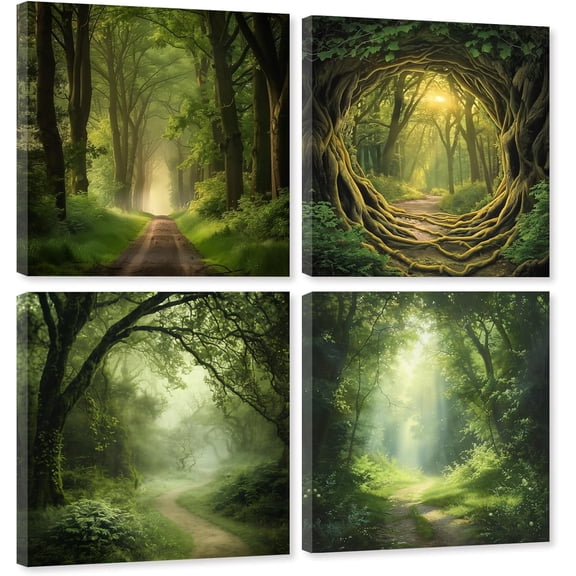 ZHONGYUTONG 4 Piece Green Forest Canvas Wall Art Nature Landscape Pictures Abstract Fantasy Forest Painting for Bedroom Decor Framed (10.00" x 10.00" x 4PCS)
