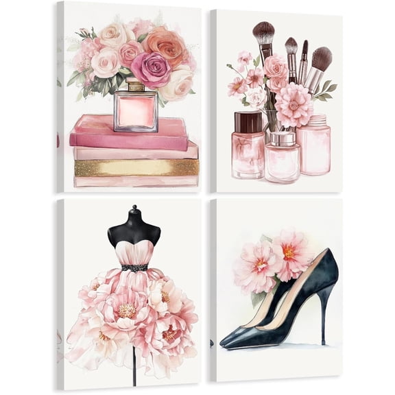 ZHONGYUTONG 4 Piece Makeup Canvas Wall Art Flower Dress High Heels Perfume Painting Women Fashion Pictures for Girl Bedroom Beauty Wall Decor Framed (10.00" x 10.00" x 4PCS)