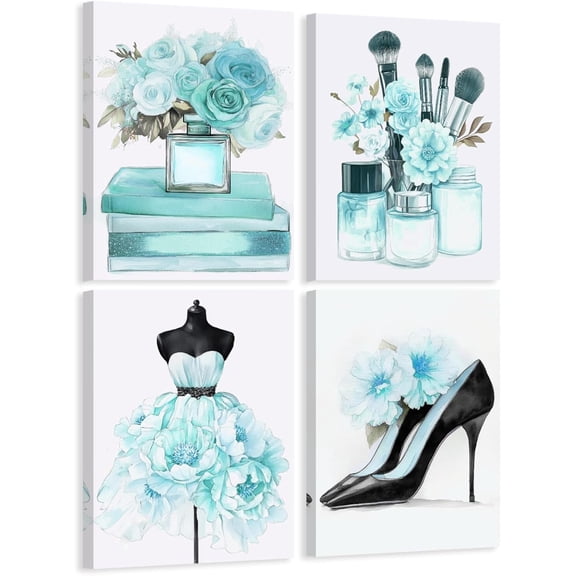 ZHONGYUTONG 4 Piece Makeup Canvas Wall Art Flower Dress High Heels Perfume Painting Women Fashion Pictures for Girl Bedroom Beauty Wall Decor Framed (10.00" x 10.00" x 4PCS)