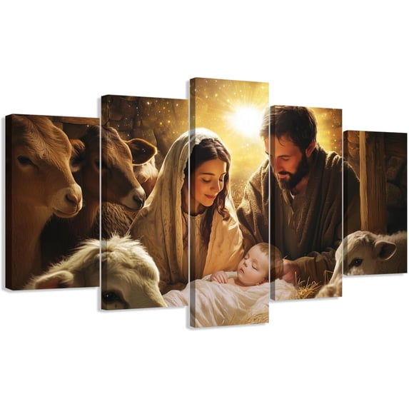 ZHONGYUTONG 5 Panel Christmas Canvas Wall Art Large Nativity Scene Picture Holy Family Wall Decor Christian Living Room Home Church Decor Framed (8x14inx2pcs 8x18inx2pcs 8x22inx1pcs)