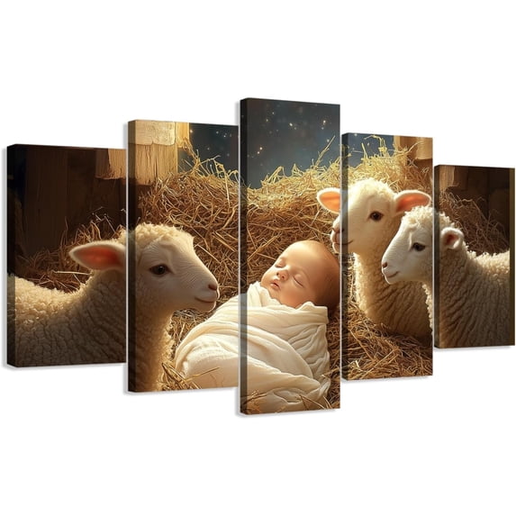 ZHONGYUTONG 5 Panel Christmas Canvas Wall Art Large Nativity Scene Picture Holy Family Wall Decor Christian Living Room Home Church Decor Framed (8x14inx2pcs 8x18inx2pcs 8x22inx1pcs)