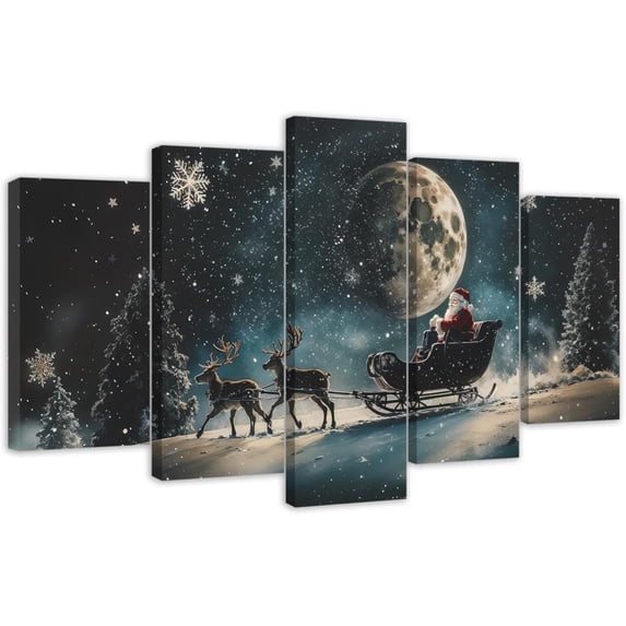 ZHONGYUTONG 5 Panel Christmas Wall Art Large Xmas Canvas Pictures Santa Claus and Reindeer Painting Winter Scenes Prints Holiday Home Wall Decor Framed (12x16inx2pcs 12x24inx2pcs 12x32inx1pcs)