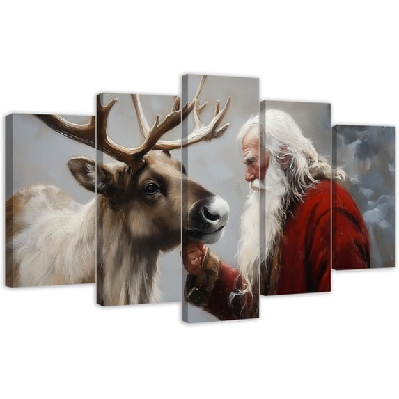 ZHONGYUTONG 5 Panel Christmas Wall Art Large Xmas Canvas Pictures Santa Claus and Reindeer Painting Winter Scenes Prints Holiday Home Wall Decor Framed (12x20inx2pcs 12x30inx2pcs 12x40inx1pcs)