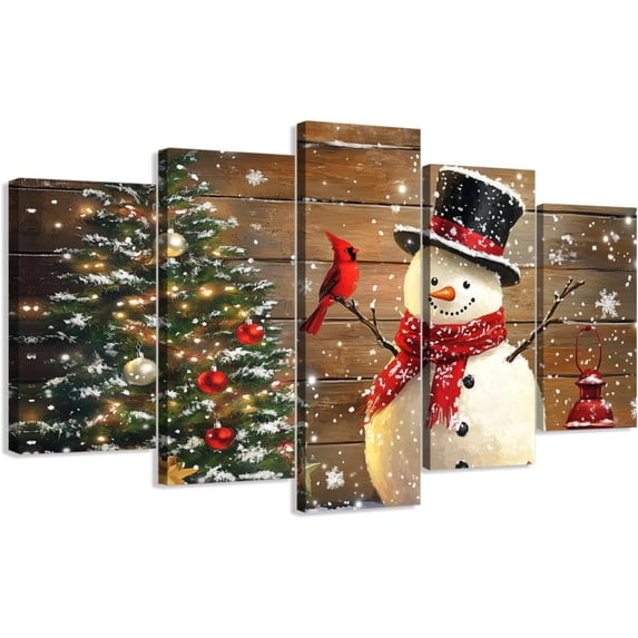 ZHONGYUTONG 5 Piece Christmas Wall Art Large Snowman Pictures Canvas Prints Winter Snowy Xmas Living Room Home Wall Decor Framed (12x16inx2pcs 12x24inx2pcs 12x32inx1pcs)