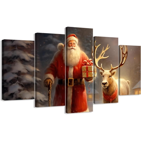 ZHONGYUTONG 5 Piece Christmas Wall Art Santa Claus and Reindeer Pictures Large Xmas Canvas Painting Prints Winter Holiday Home Wall Decor Framed (12x20inx2pcs 12x30inx2pcs 12x40inx1pcs)