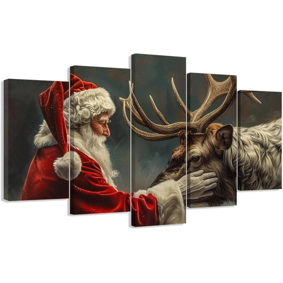ZHONGYUTONG 5 Piece Christmas Wall Art Santa Claus and Reindeer Pictures Large Xmas Canvas Painting Prints Winter Holiday Home Wall Decor Framed (12x20inx2pcs 12x30inx2pcs 12x40inx1pcs)