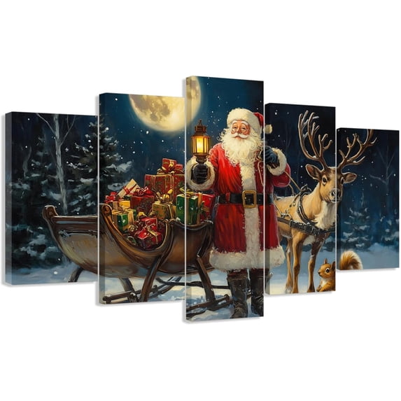 ZHONGYUTONG 5 Piece Christmas Wall Art Santa Claus and Reindeer Pictures Large Xmas Canvas Painting Prints Winter Holiday Home Wall Decor Framed (8x14inx2pcs 8x18inx2pcs 8x22inx1pcs)