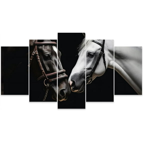 ZHONGYUTONG 5 Piece Horse Wall Art Black and White Animal Couple Pictures Wildlife Painting Horses Canvas Print Farm Men Room Decor (8x14inx2 8x18inx2 8x22inx1)