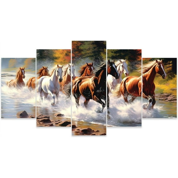 ZHONGYUTONG 5 Piece Horse Wall Art Large Running Horse Canvas Print Wild Animal Pictures Modern Western Farm Men Room Wall Decor Frame (8x14inx2 8x18inx2 8x22inx1)