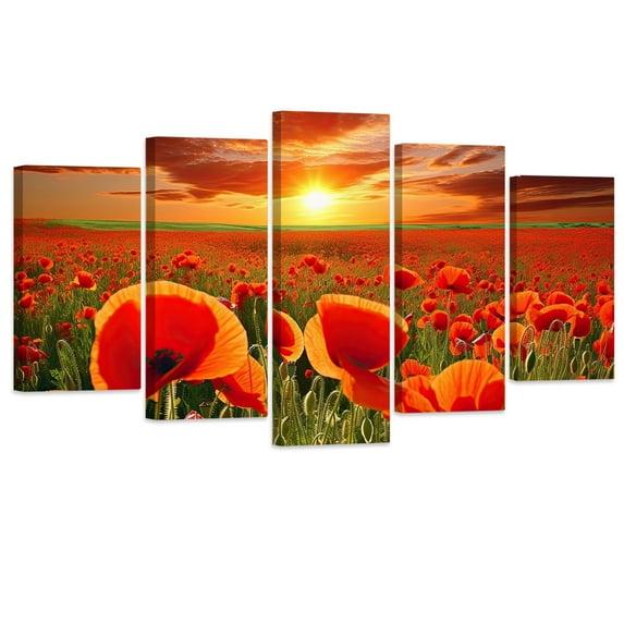 ZHONGYUTONG 5 Pieces Poppy Canvas Wall Art Poppies Floral Field Painting Prints Sunset Landscape Picture (8"x14"x2pcs 8"x18"x2pcs 8"x22"x1pcs)