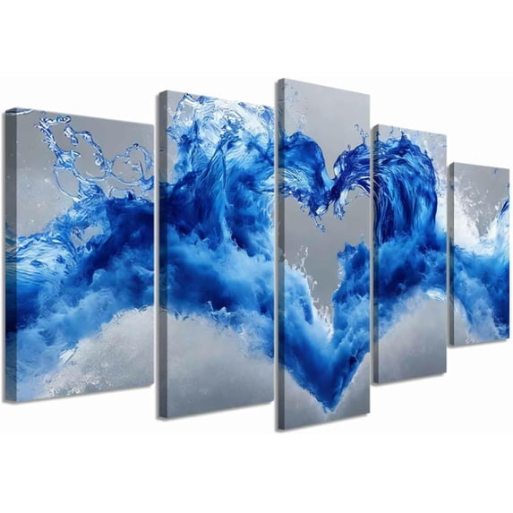 ZHONGYUTONG 5Pcs Gray and Blue Wall Art for Living Room Ocean Wave Pictures Love Heart Canvas Prints Abstract Water Paintings Couples Bedroom Bathroom Decor (10x16inx2pcs 10x20inx2pcs 10x24inx1pcs)
