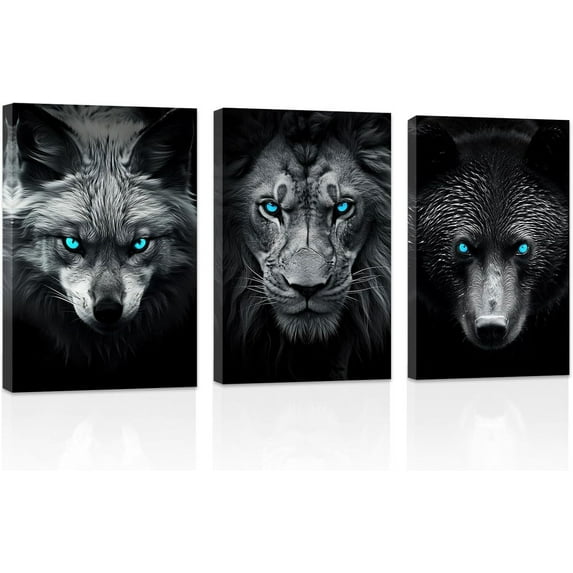 ZHONGYUTONG Abstract Animal Canvas Wall Art 3 Pieces Wolf Lion Bear Head with Blue Eyes Pictures Prints Black and White Wildlife Paintings Office Decor Framed (24.00" x 36.00" x 3PCS)