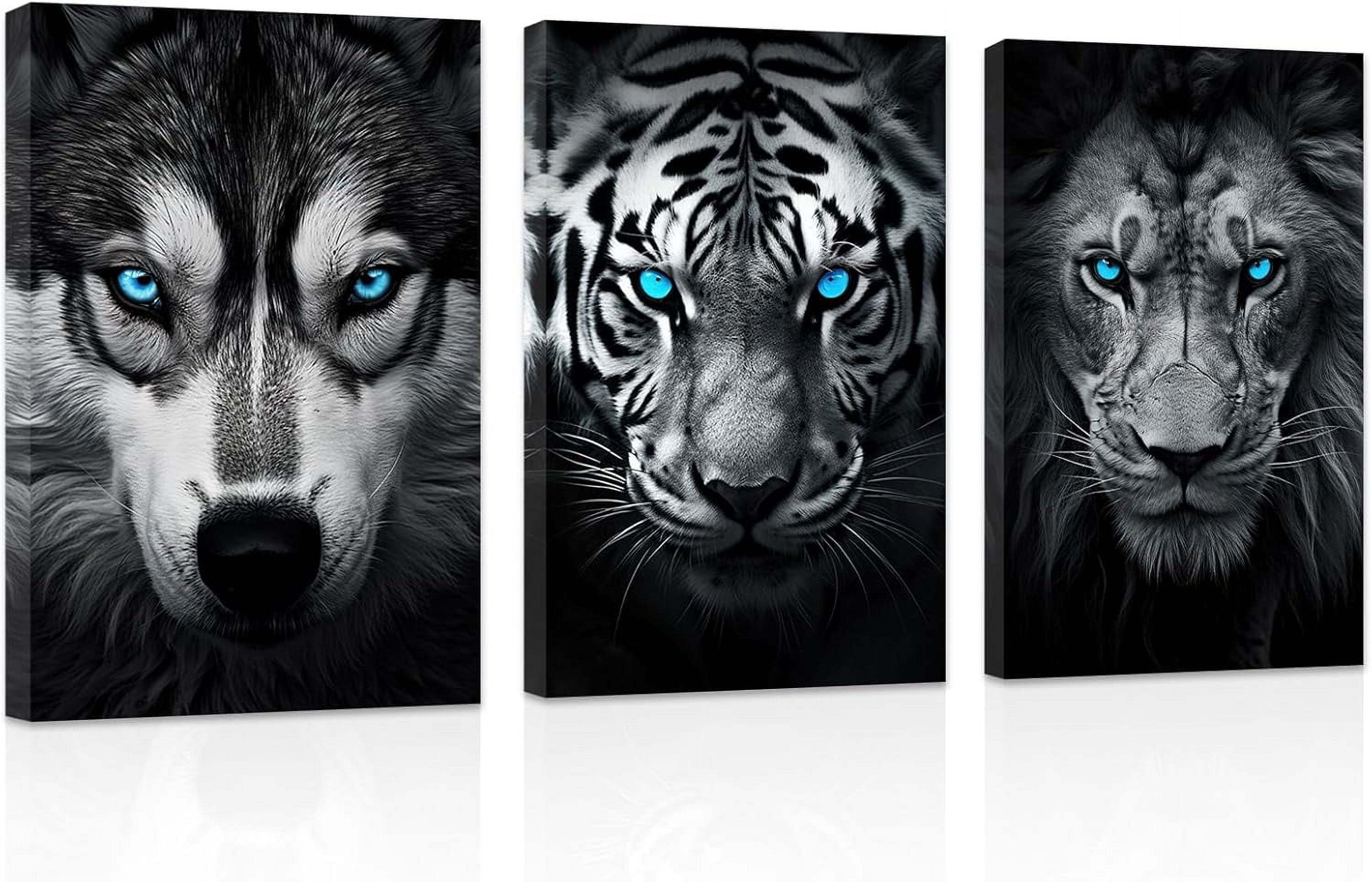 ZHONGYUTONG Abstract Animal Canvas Wall Art 3 Pieces Wolf Tiger Lion Head with Blue Eyes Pictures Prints Black and White Wildlife Paintings Office Decor Framed (11.00" x 14.00" x 3PCS)
