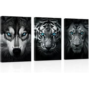ZHONGYUTONG Abstract Animal Canvas Wall Art 3 Pieces Wolf Tiger Lion Head with Blue Eyes Pictures Prints Black and White Wildlife Paintings Office Decor Framed 11.00" x 14.00" x 3PCS