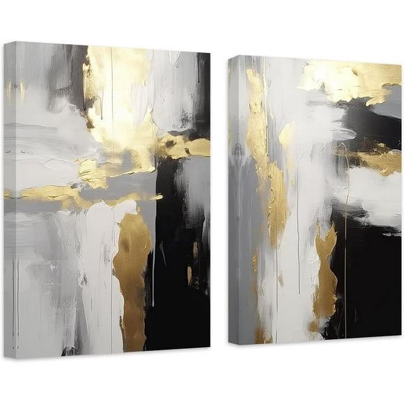 ZHONGYUTONG Abstract Black White & Gold Wall Decor 2 Pieces Abstract Canvas&nbsp;Art Prints Paintings Modern Artwork for Living Room Bedroom Decor (11.00" x 14.00" x 2PCS)