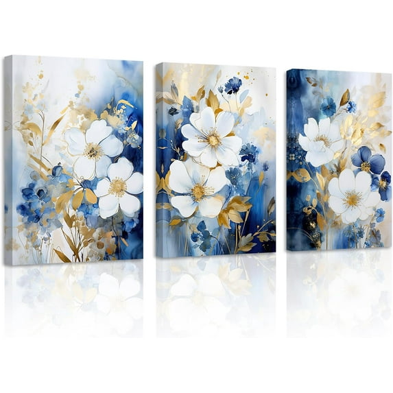 ZHONGYUTONG Abstract Floral Wall Art 3 Pieces Navy Blue Flowers Canvas Picture Blue and Gold Painting Prints Modern Artwork Home Decor Framed (11.00" x 14.00" x 3PCS)