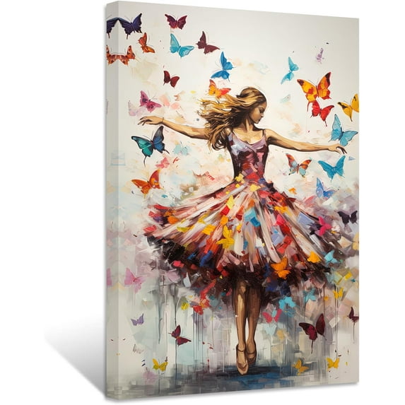 ZHONGYUTONG Abstract Girl Canvas Wall Art Dancing Woman with Butterfly Painting Prints Colorful Elegant Portrait Artwork for Girls Bedroom Framed (16.00" x 24.00")