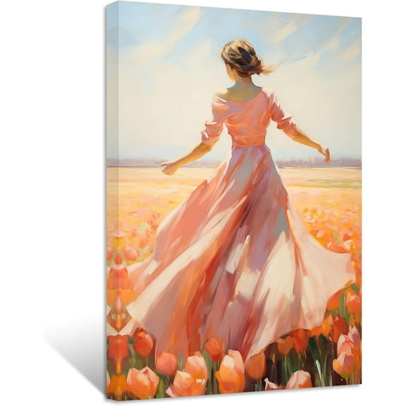 ZHONGYUTONG Abstract Girl Canvas Wall Art Elegant Woman's Back Tulip Flower Field Paintings Prints Modern Artwork for Girl's Room Bedroom Framed (28.00" x 42.00")