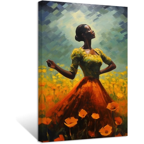 ZHONGYUTONG Abstract Girl Canvas Wall Art Woman in Flower Field Paintings Prints Elegant Artwork for Girl's Room Bedroom Framed (16.00" x 24.00")