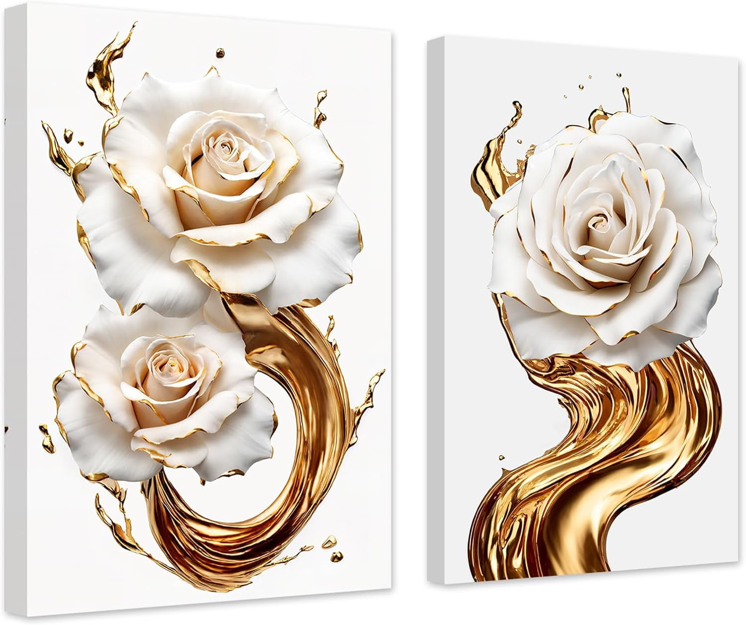 ZHONGYUTONG Abstract White & Gold Rose Wall Decor 2 Panels Elegant ...