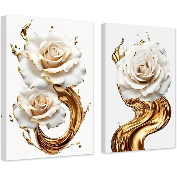 ZHONGYUTONG Abstract White & Gold Rose Wall Decor 2 Panels Elegant Blooming Rose Flowers Canvas&nbsp;Art Prints Paintings Modern Artwork Home Decor (12.00" x 16.00" x 2PCS)